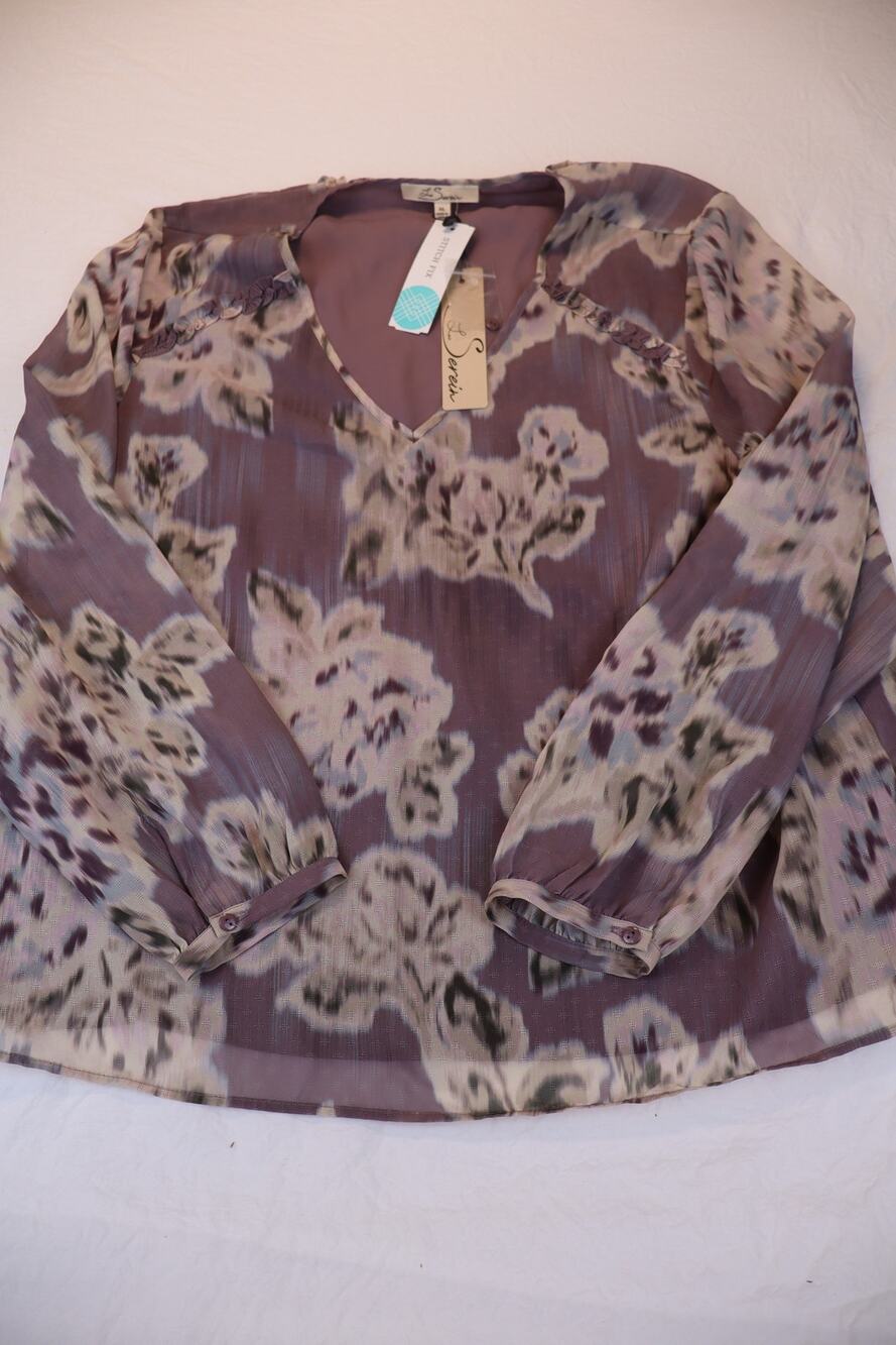 NEW Les Serein Floral Blouse Women's Pink Mauve Long Sleeve V Neck Size XL